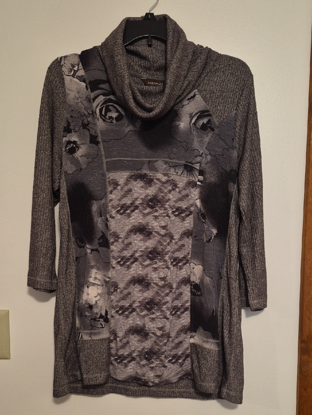 Multiples Brown &  Gray Floral Panel Cowl Neck Sweater SZ M